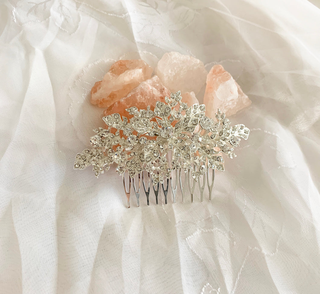 Silver Wedding Hair Comb floral with crystals