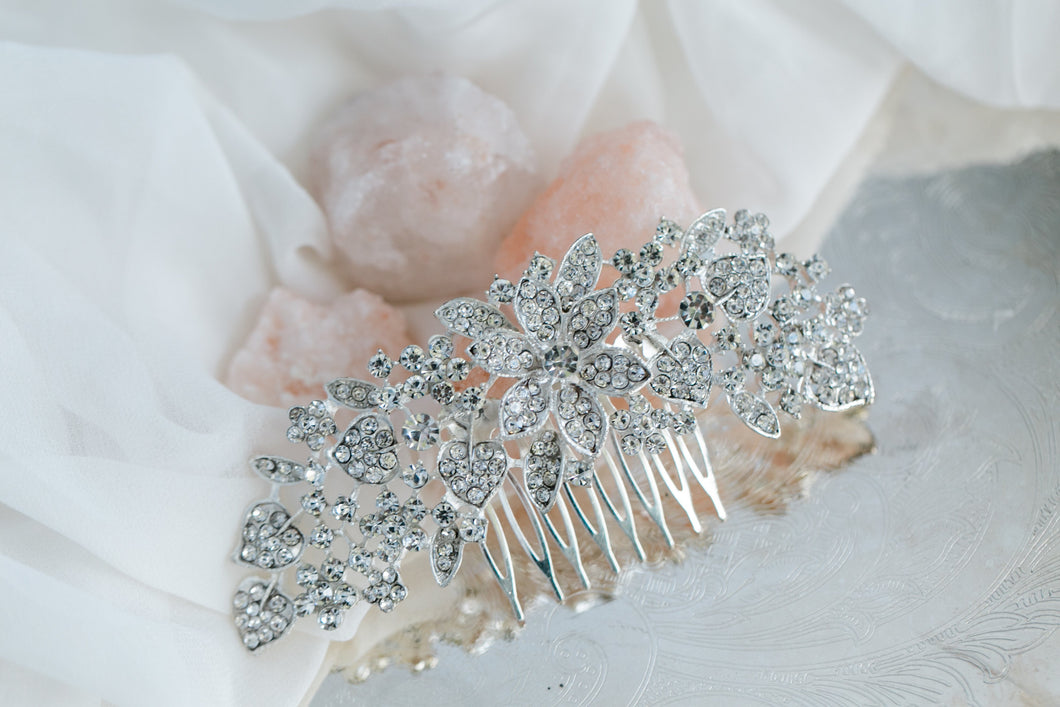 Silver Floral Bridal Comb With Rhinestones